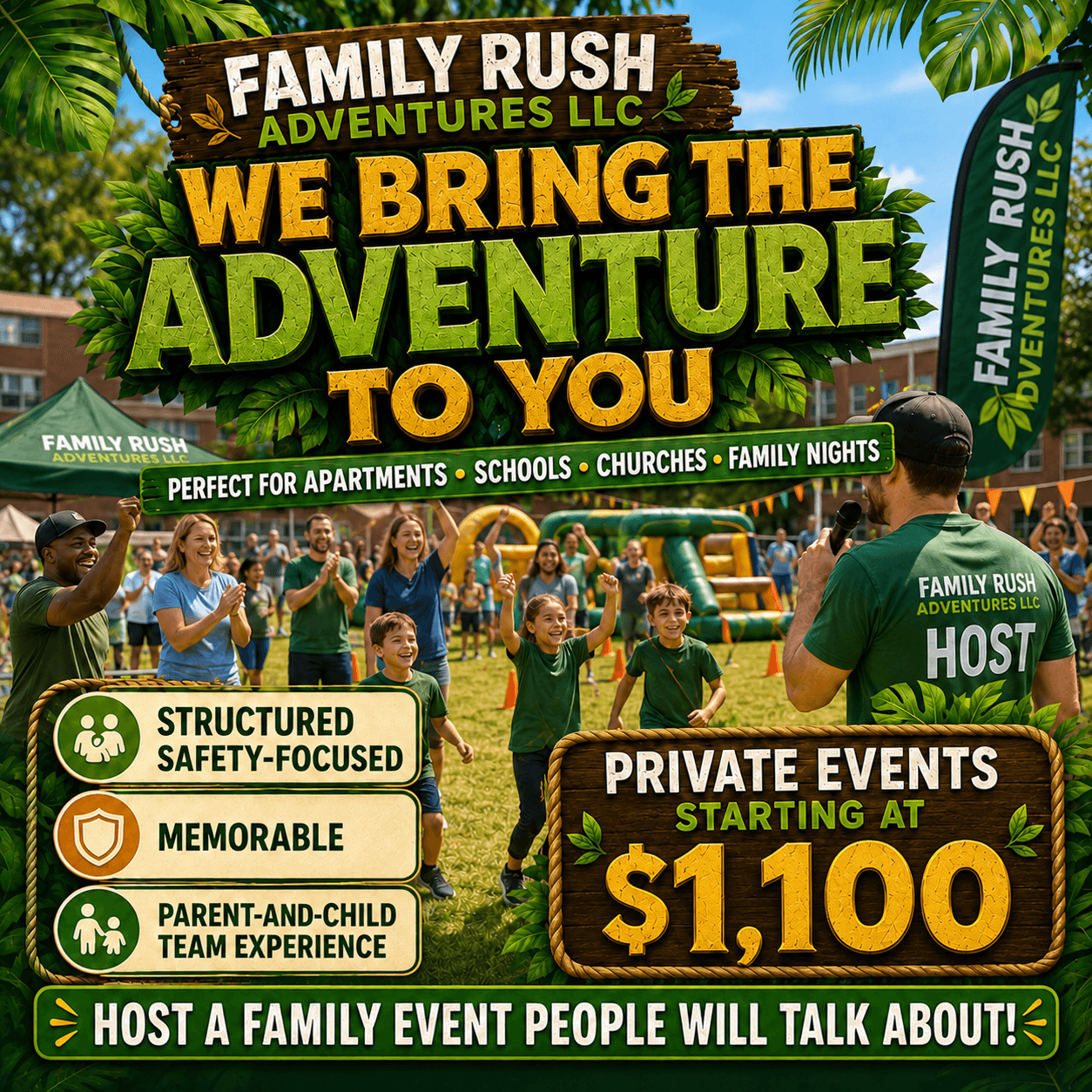 A Family Rush community event with families and an event host