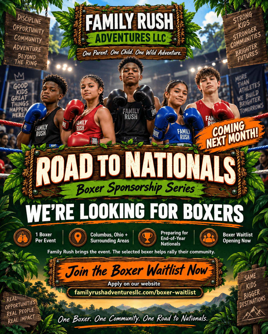 Family Rush Road to Nationals Boxer Sponsorship Series flyer featuring a team of boxers